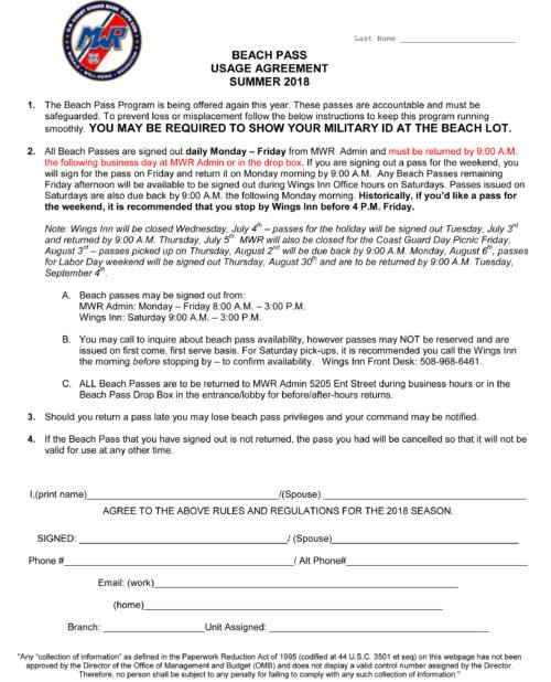 BEACH PASS USCG Base Cape Cod MWR